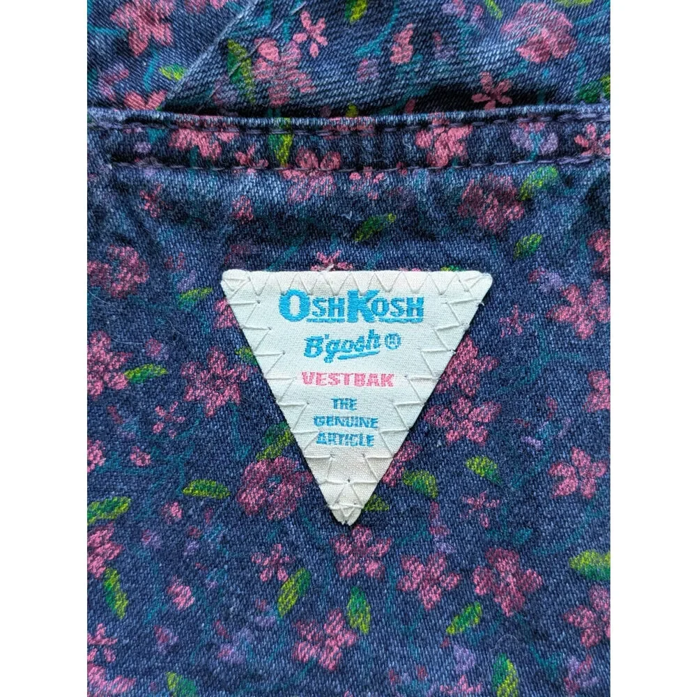 Vintage OshKosh B'gosh Overall Dress Girl 2T Denim Dark Floral Retro 90S Cotton